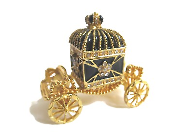#ad Bejeweled Royal Carriage Black Hinged Metal Enameled Rhinestone Trinket Box $22.50