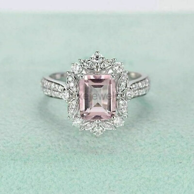 #ad 2 Ct 14K Emerald Cut Pink Sapphire amp; Real Moissanite Wedding Ring Solid White FN $383.75