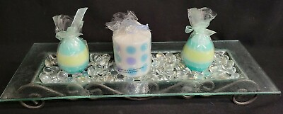 #ad 3 Easter Egg Spring Blue Yellow Green White New Candles Glass Tray Metal Stand $21.97
