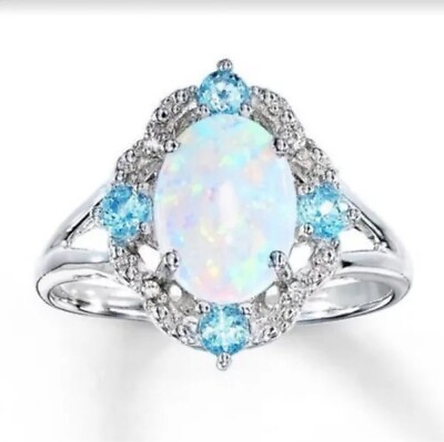 White Lab Opal Oval Heart Cutout Ring .925 Sterling Silver Sizes 6 12 Gift New $6.99