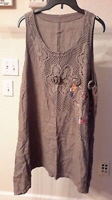 #ad Made in Italy Womens XXL 100% Linen Crochet Lace A Line Swing Tank Top Dress EUC $39.99