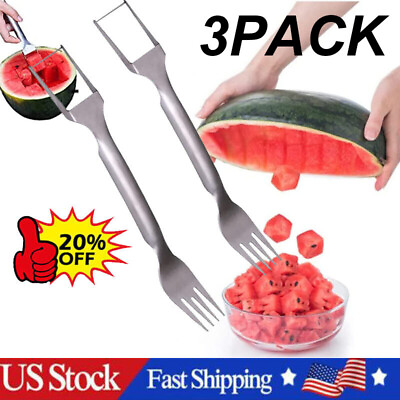 #ad 3PCS Watermelon Slicer Cutter2 in 1 Fork Stainless Steel Fruit Cutting Artifact $10.49