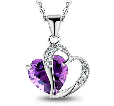 Women 925 Sterling Silver Necklace Chain Amethyst Crystal Heart Purple Pendant $12.98