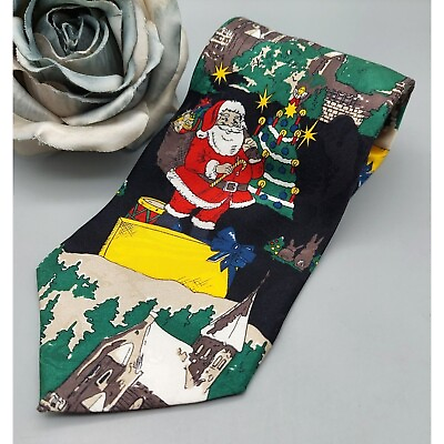 #ad Christmas Holiday Mens Neck Tie 100% Silk Santa Bringing Gifts Black Background $14.99