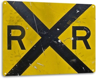 #ad Railroad Crossing Yellow Warning Sign RR Weathered Retro Decor Metal Tin Sign $17.99