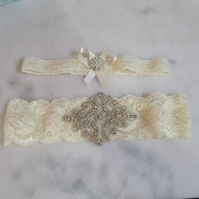 #ad Rhinestone Wedding Garter Set 2 Garters Ivory Lace Bridal $15.99