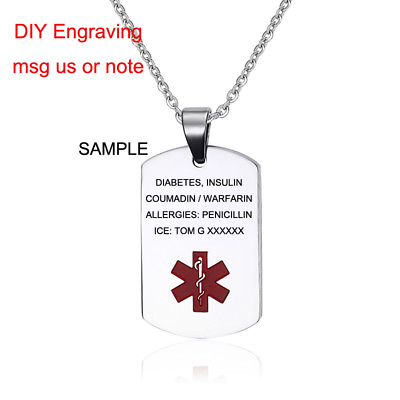 #ad Silver Women Men Personalized Medical Alert ID Pendant Necklace Laser Engraving $4.99