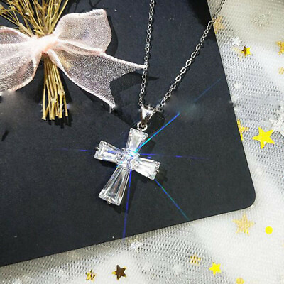 #ad Elegant 925 Silver Necklace Pendant Cross Jewelry Cubic Zircon Wedding Gift C $2.95