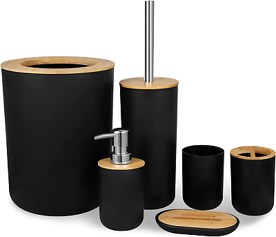 #ad 6 Pieces Bathroom Accessory Set Decor Bamboo amp; Plastic Bath Set Ki $49.99
