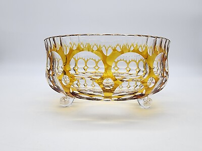 #ad Bohemian Gold Yellow Cut to Clear Footed Bowl Vintage Glass Unique Beautiful EUC $50.39