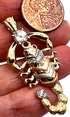 #ad GOLD 14k scorpion pendant SOLID Charm necklace glass cz yellow white rose 1.75” $505.98