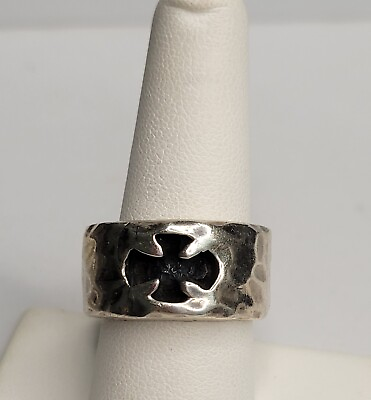 #ad Sterling Silver 925 hammered finish black oxidized cross band ring sz 8 1 4 $55.00