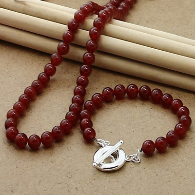#ad #ad 925 Sterling Silver Red Agate Necklace Bracelet Set Women Fashion Jewelry Sets $7.99