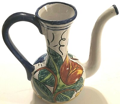 #ad La Maceta 4 Mexico Art Pottery Hand Painted Green Brown Flowers Ceramic Pitcher $63.73