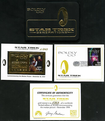 #ad Guyana Stamps 1994 Star Trek Generation Kirk Picard Gold Stamp in Folder $22.75