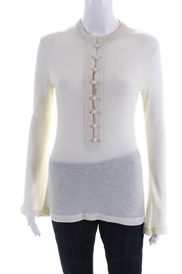 #ad Chloe Women#x27;s Round Neck Long Sleeves Button Ribbed Blouse Ivory Size 36 $121.99