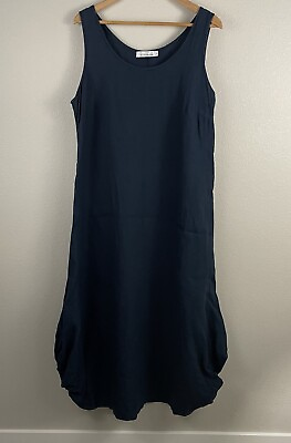 #ad Cut Loose Womens XL Navy Blue 100% Linen Bubble Hem Gathered Sides Dress Artsy $40.00