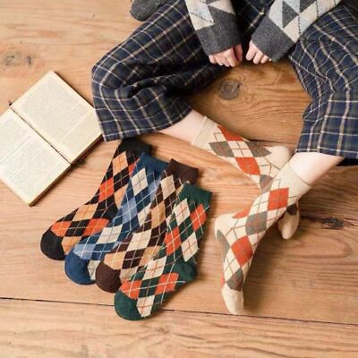 #ad Combed Cotton Wool Socks Plaid Check Funny Sock Unisex Harajuku Socks 1pair Se $11.64