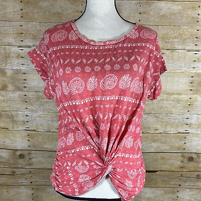 #ad Lucky Brand Womens Twist Front Tee M Pink Leaf Print Short Sleeve T Shirt Top $12.49