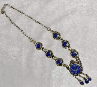 #ad Blue Lapis Necklace Tone Lazuli Artisan Tribal Hook Closure 18quot; $25.85