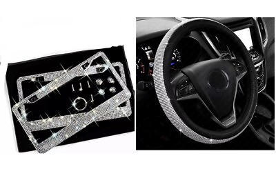 BLING SET 2 Crystal License Plate Frame Steering Wheel Caps Made with Swarovski $74.95