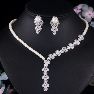 #ad Silver Plated Cubic Zirconia Simulated Pearl Leaf Earrings Necklace Jewelry Set $25.74