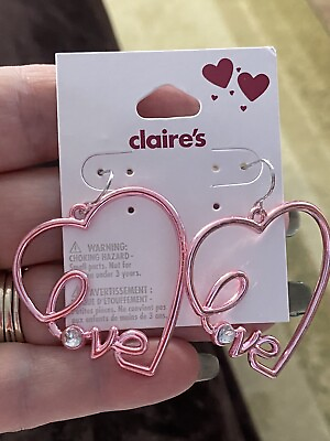 #ad CLAIRE#x27;S VALENTINES EARRINGS PINK HEARTS W THE LOVE 1 CRYSTAL DROP DANGLE NEW $7.99