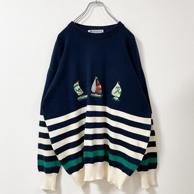 #ad Burberrys Cotton 100% Knit Border Sweater Navy Yacht Logo Men Size 42 XL Used $91.00