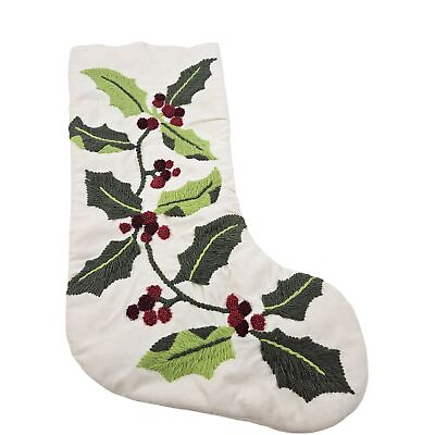 #ad Embroidered Stocking Christmas Holiday Holly Home Decor White Farmhouse Velour $14.40