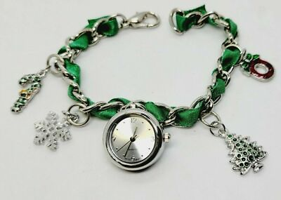 #ad Charm Bracelet Watch CHRISTMAS HOLIDAY GIFT Watch 8quot; GREEN Ribbon New Battery $10.00