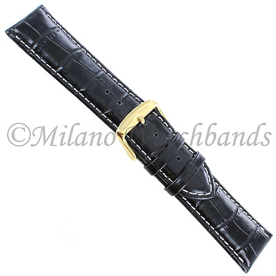 #ad 22mm deBeer Crocodile Grain Black w White Stitching Padded Watch Band Strap $29.95