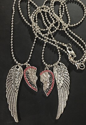 #ad Mother Daughter Necklace Set💕Half Heart amp; Angel Wing Clear Pink Rhinestones 21” $10.40