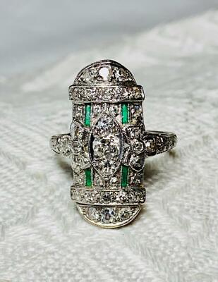 #ad Art Deco 35 Diamond Emerald Platinum Wedding Engagement Ring Edwardian Bow Motif $3850.00