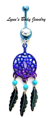 #ad Blue Ombre Dreamcatcher Clear CZ * Colorline Steel Dangle Belly Navel Ring $7.99
