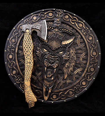 #ad Medieval Norse Fenrir Shield amp; Axe Set Wood Carved Design $299.00