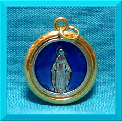 #ad Miraculous Medal Sapphire BLUE Enamel Virgin Mother MARY Gold Silver Two Tone $1.15