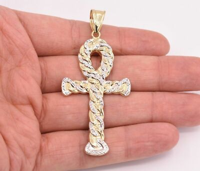 3quot; Huge Ankh Cross Jesus Pendant Charm Diamond Cut Real 10K Yellow White Gold $269.99