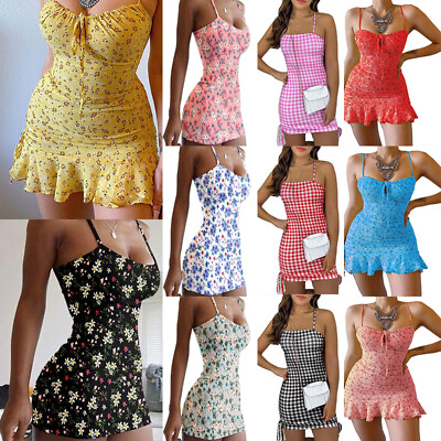 #ad Women Sexy Bodycon Mini Tank Dress Floral Spaghetti Strap Party Clubwear Dresses $11.58