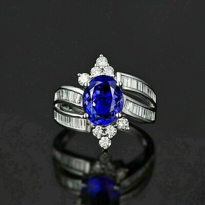 #ad 3Ct Oval Cut Lab Created Sapphire Engagement Silver Ring 14K White Gold Plated $132.45