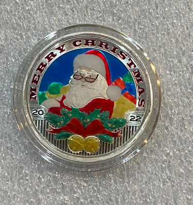 #ad Festive Santa Merry Christmas 1 oz .999 Silver Round Color Enameled w Capsule $41.95