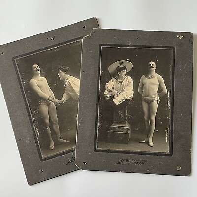 #ad Antique Cabinet Card Photograph Clown Meets Acrobat Strong Man Broadway NY $324.95