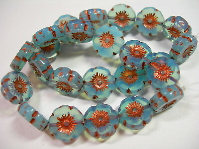 #ad 12 beads Blue Opal with Copper Czech Glass Flower Beads 12mm $6.99