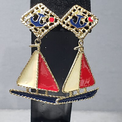 #ad Vintage Dangle Clip On Earrings Gold Tone Enamel Boat Mid Century Modern 3.5quot; $24.99