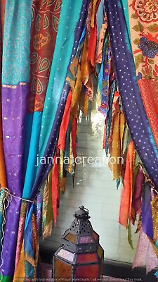 #ad Upcycle Vintage Sari Patchwork Curtain Drape Window Decor Silk Curtain $199.99