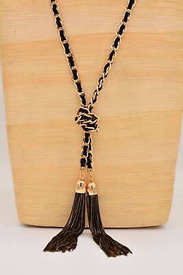 #ad Vintage Tassel Chain Necklace Black Gold Long Leather Braided Chunky 1990s BinT $31.96