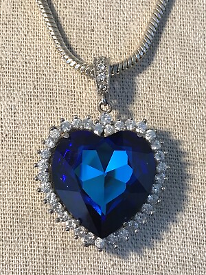 #ad Blue Heart Faceted Rhinestone Glass Pendant Silver Tone Necklace $18.96