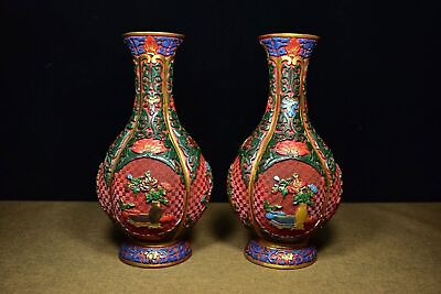 #ad Chinese Vintage Lacquerware Carved Painted Beautiful Peony Vases Home Decor Art $234.36