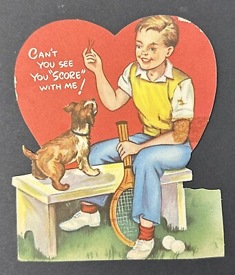 #ad Vintage Can’t You See You Score With Me Valentines Card Boy W Pup $9.99