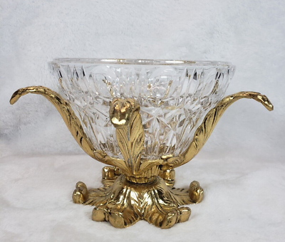 #ad Vintage Hollywood Regency Cut Glass Brass Centerpiece Footed Pedestal Bowl $30.00