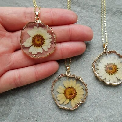 #ad 1pcs Dried Pressed Daisy Flower Resin Necklace Plated Pendant Round Flower Women $12.98